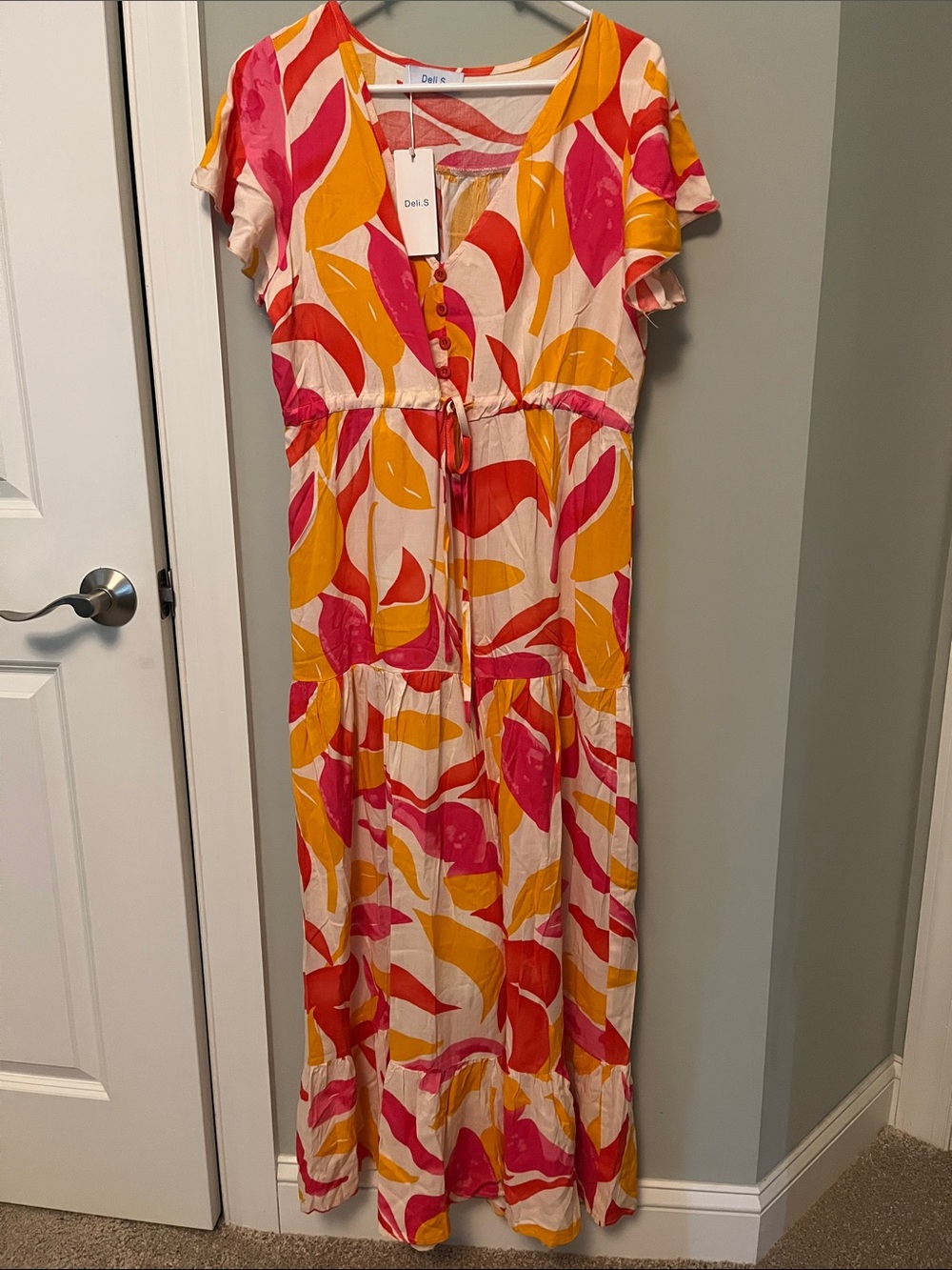 Deli S Dress cotton linen abstract 12 tiered - Picture 3 of 10